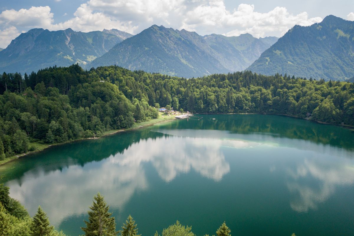 Großer See mit ruhiger Wasseroberfläche, umgeben von dichtem Wald.