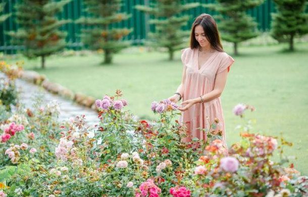 Junges Mädchen in einem Blumengarten zwischen wunderschönen Rosen.