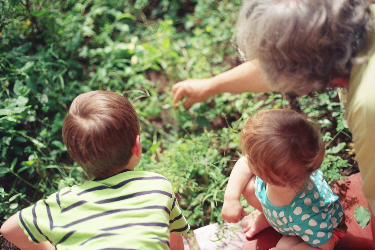 Eine Familie im Garten, eine Mutter mit zwei Kindern, die gemeinsam Pflanzen oder Früchte pflücken.